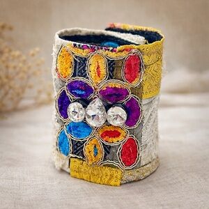 OOAK Wide Wrist Cuff Bracelet Fabric Bohemian Multicolor Handmade Artisan Signed